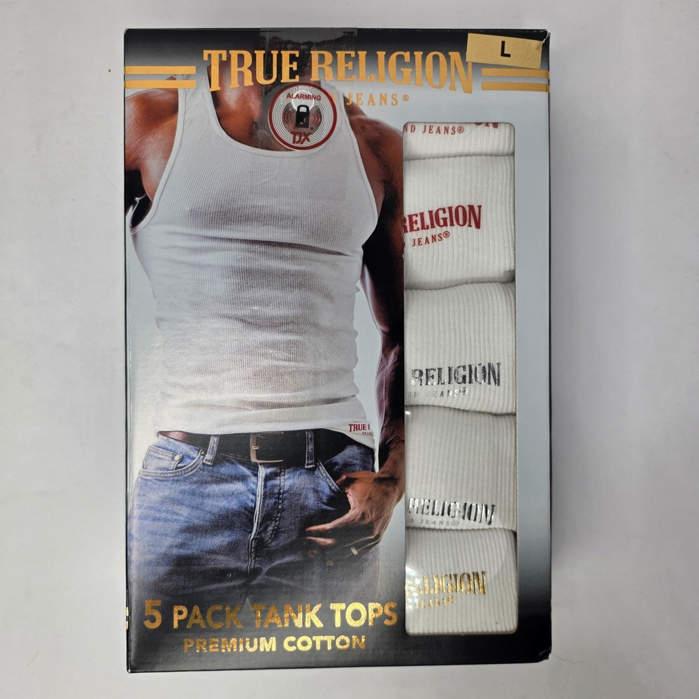 True Religion Tank Tops Mens L White New 5 Pack Ribbed Cotton Blend Undershirts